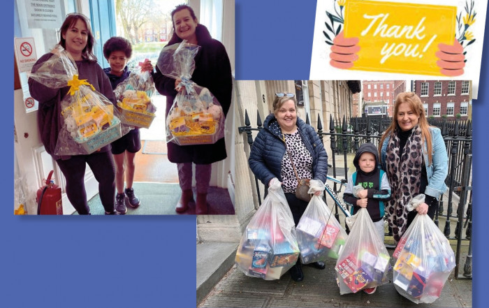 Photos of people bringing bags of Easter eggs to our office, next to a thank you message.